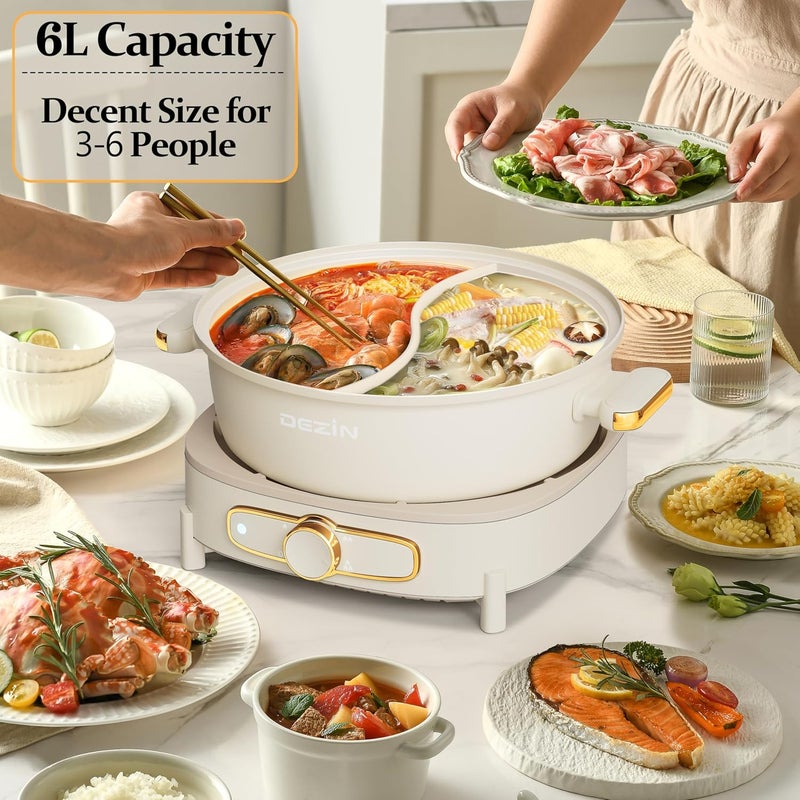 DEZIN Hot Pot Electric with Divider, 6L Double-Flavor Shabu Shabu Pot, Dual Sided Removable Non-Stick Hotpot Pot Electric, 3" Depth Chinese Hot Pot with Multi-Power Control, 2 Silicone Ladles Included - Image 5